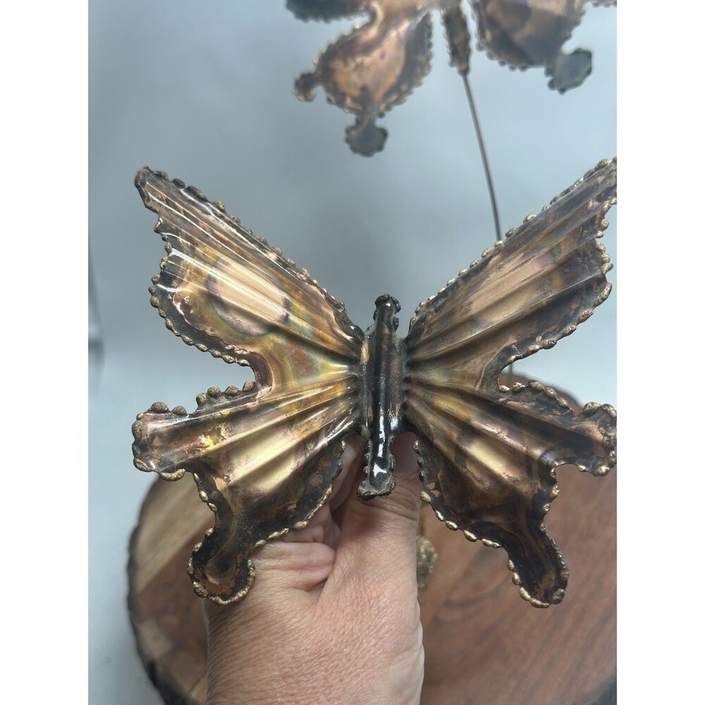 Brutalist Yosi Signed 1970’s ( 2 ) Metal Butterfly On Raw Edge Stone Base